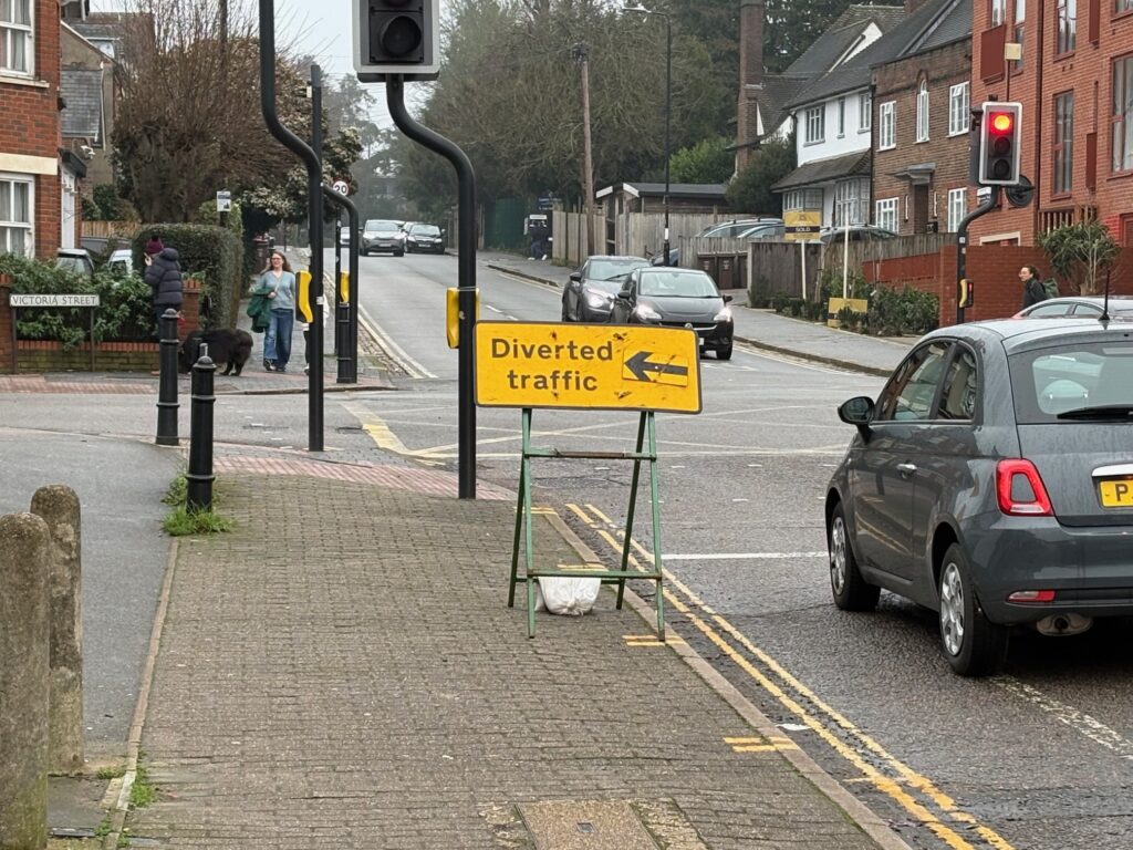 Diversion sign at the junction of Lattimore Road and Victoria Street.