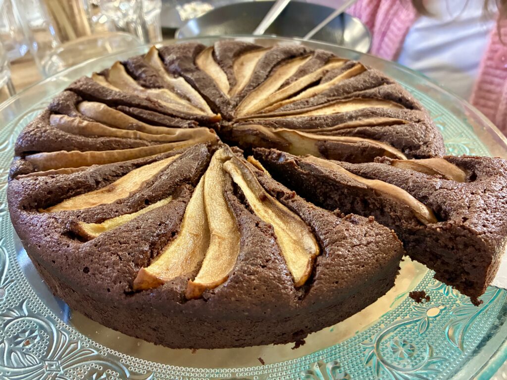 Chocolate, almond and pear torte.
