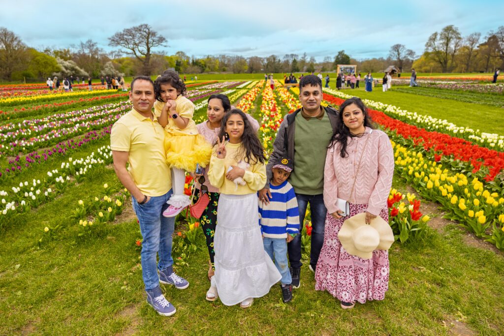 Shankar, Anika, Divya, Aradhya, Aditya, Ajith and Deepthy all from St Albans, at Tulleys Tulip Fields