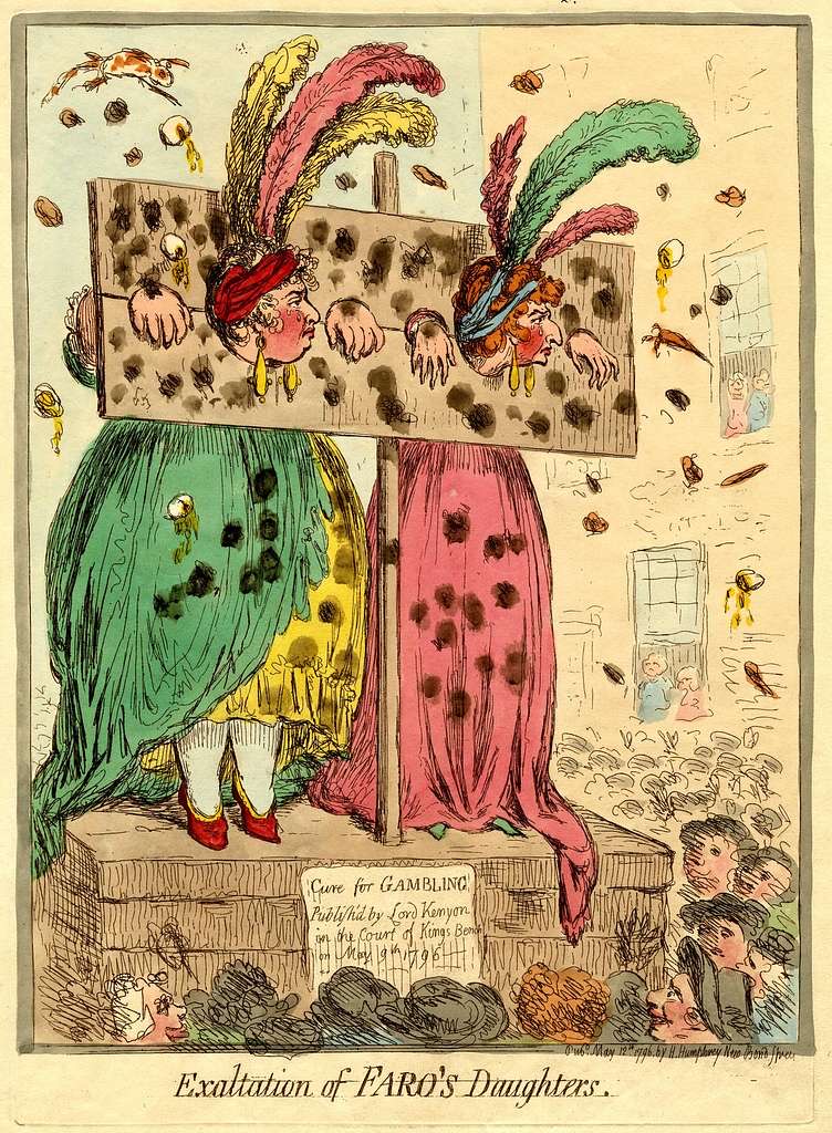 1796 satirical print of heavy gamblers in the pillory. British Museum.