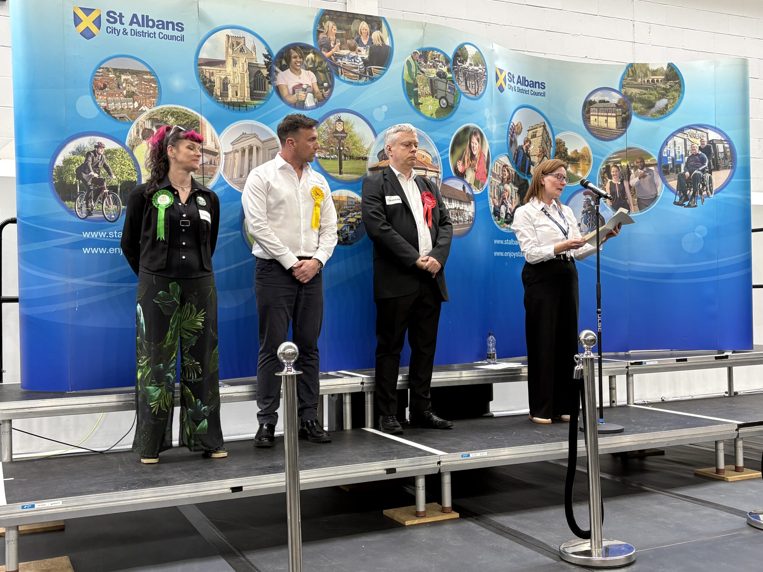 The result for St Peter’s ward is announced: (left to right) Sally Leonard, Sean Hughes and David Byatt.
