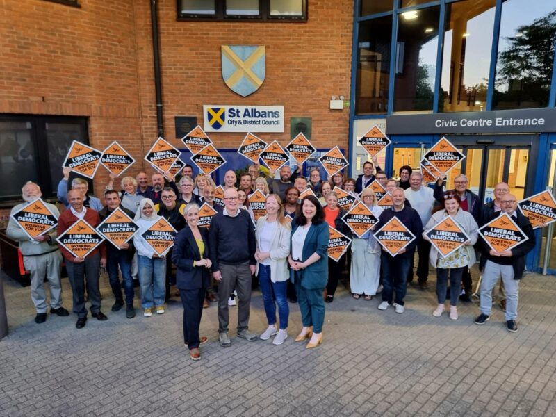 St Albans Liberal Democrats, with St Albans MP Daisy Cooper, Cllr Paul de Kort, Cllr Helen Campbell and Harpenden MP Victoria Collins in the front.