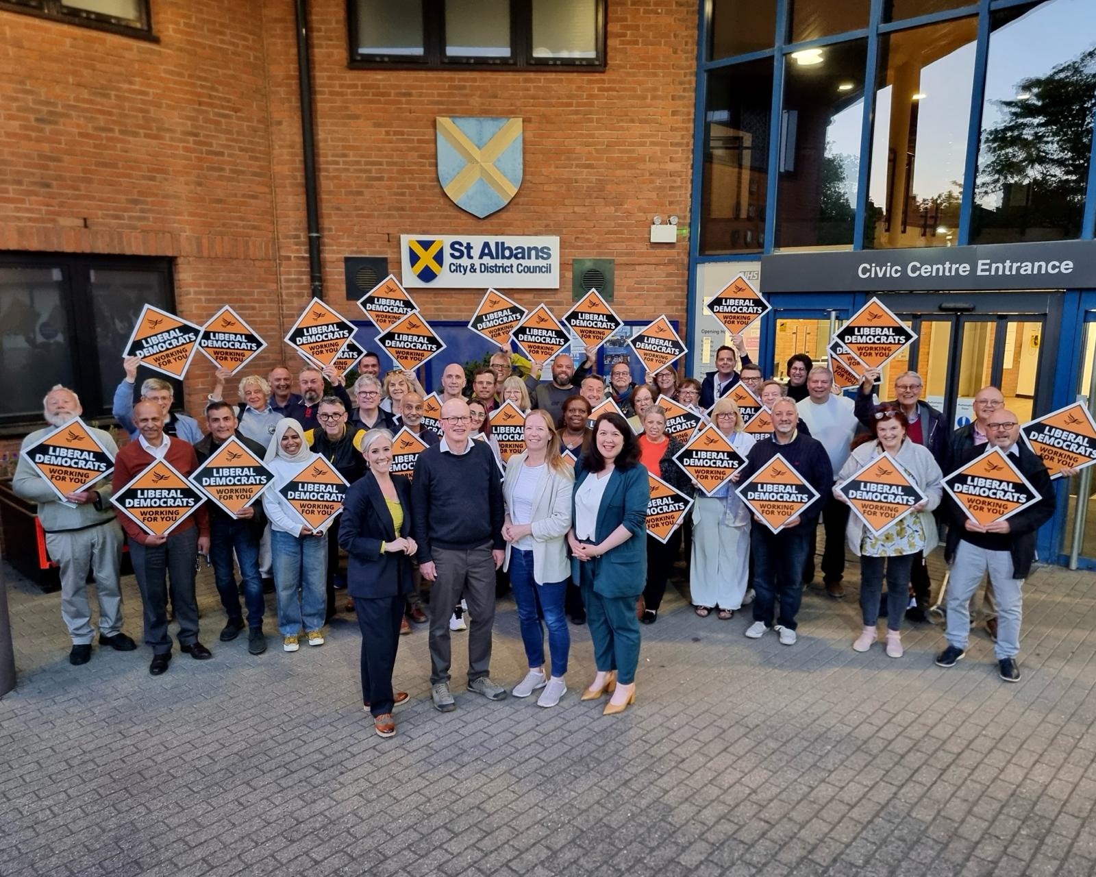 St Albans Liberal Democrats, with St Albans MP Daisy Cooper, Cllr Paul de Kort, Cllr Helen Campbell and Harpenden MP Victoria Collins in the front.