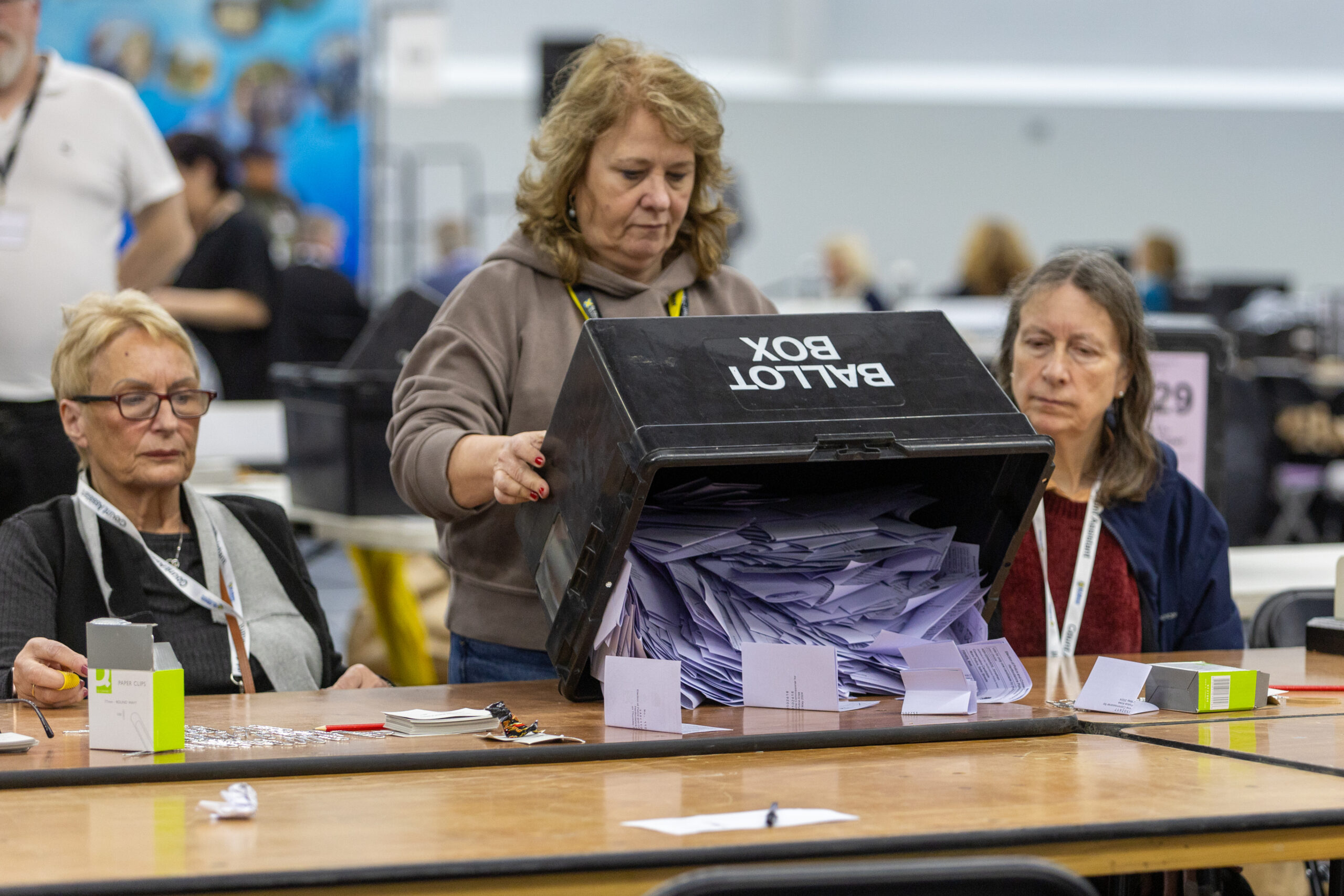 Votes being counted at Batchwood Sports Centre, St Albans during district council elections.