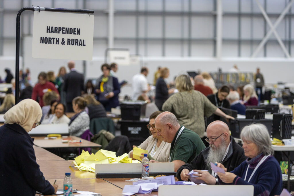 Votes being counted at Batchwood Sports Centre, St Albans during district council elections.