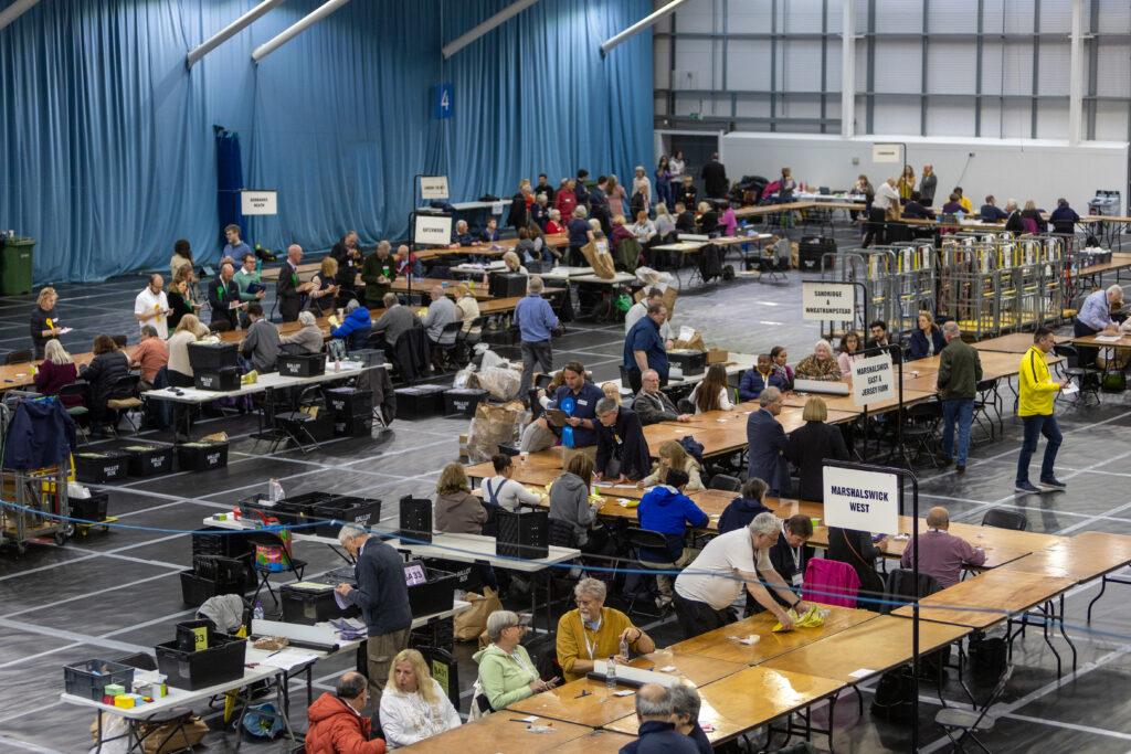 Votes being counted at Batchwood Sports Centre, St Albans during district council elections.