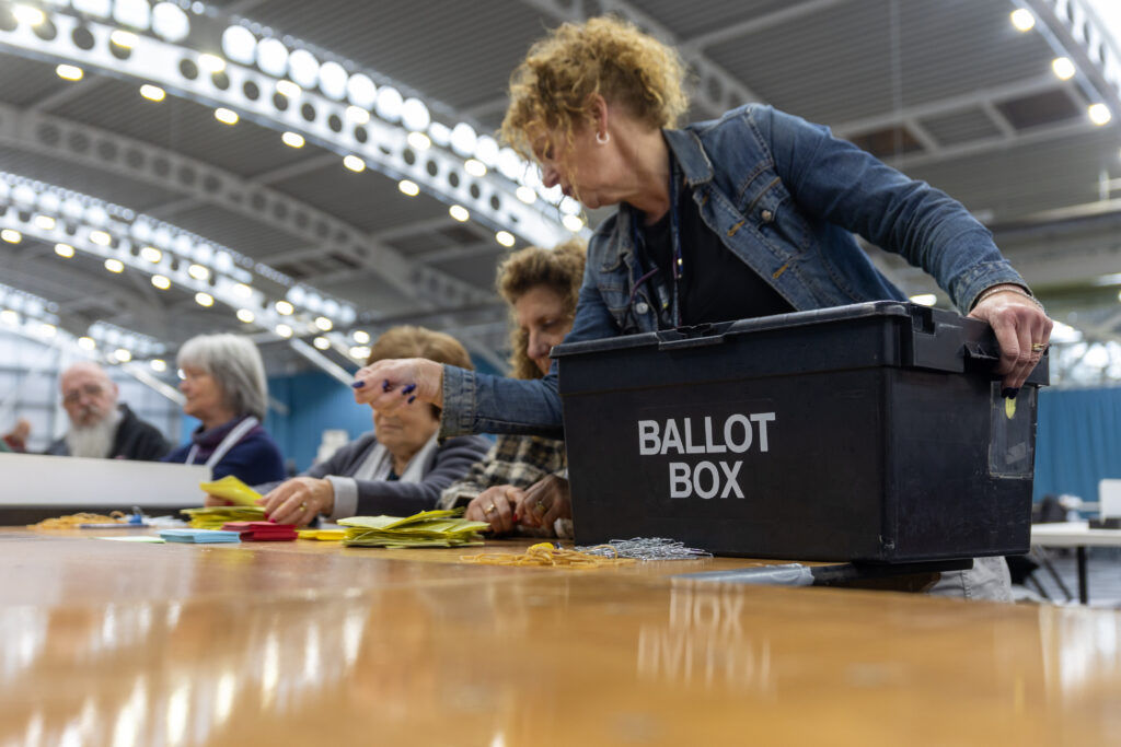 Votes being counted at Batchwood Sports Centre, St Albans during district council elections.