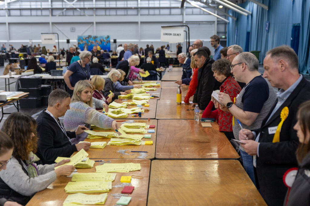 Votes being counted at Batchwood Sports Centre, St Albans during district council elections.