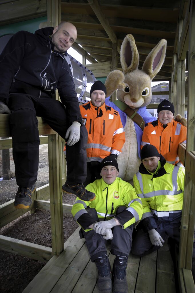 Construction workers meet Peter Rabbit on site of the new Peter Rabbit Adventure Playground at Willows