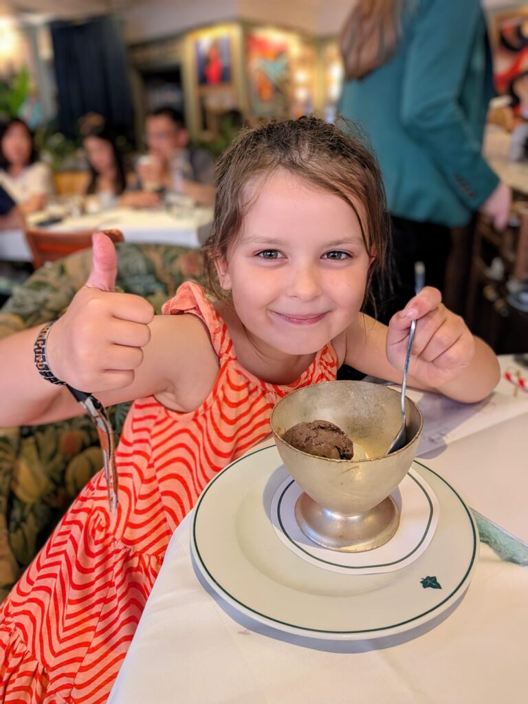 Connie enjoys her ice cream dessert