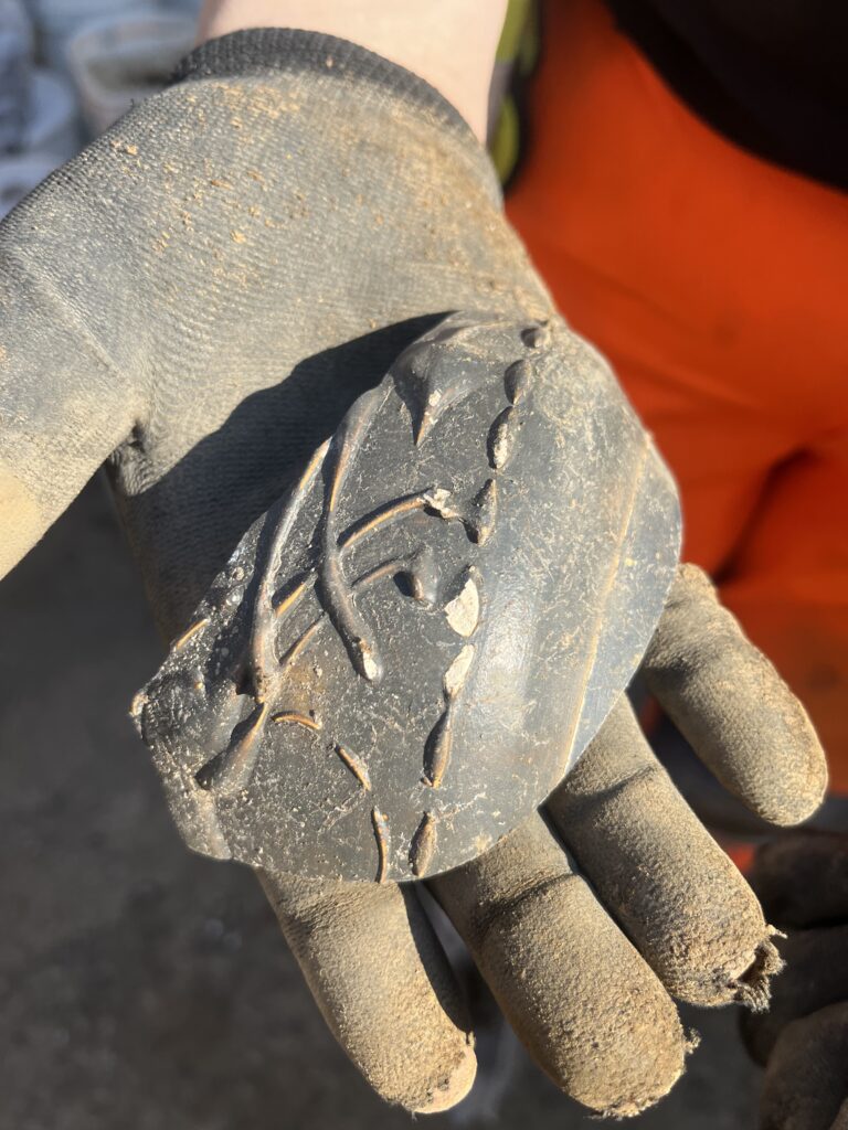 Pottery fragment with barbotine decoration – the pattern was applied to the pot in a similar way to how icing is piped onto cakes.
