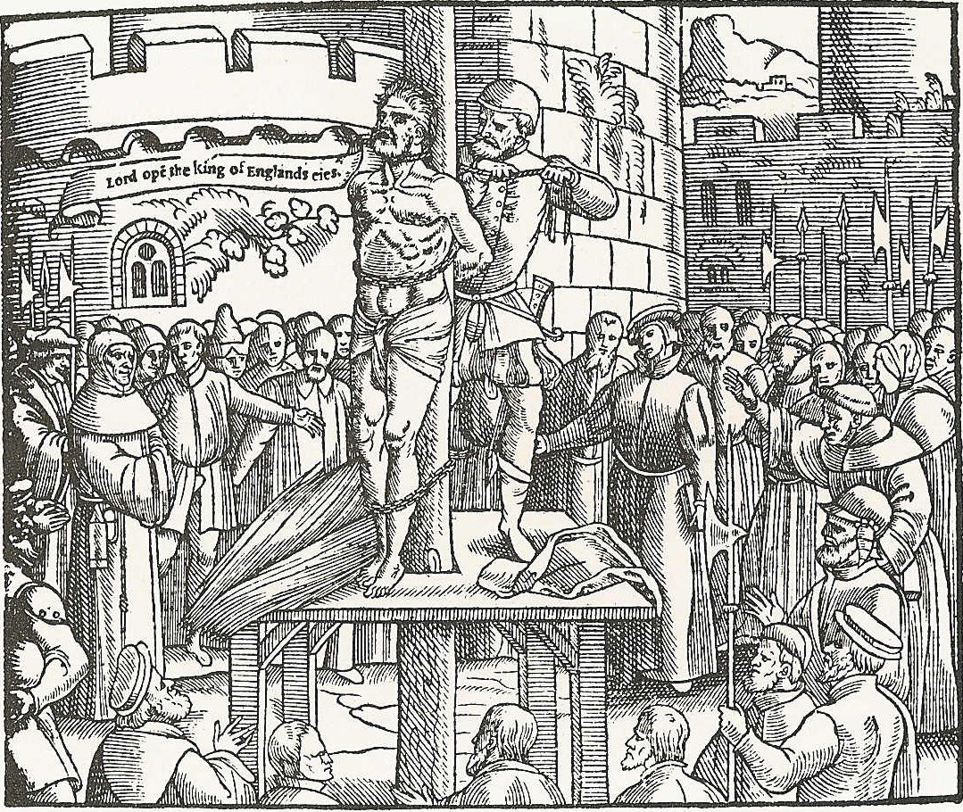 Tyndale, before being strangled and burned at the stake in Vilvoorde, cries out: “Lord, open the King of England's eyes.” Woodcut from Foxe's Book of Martyrs 1563 which is the earliest source of the quote.