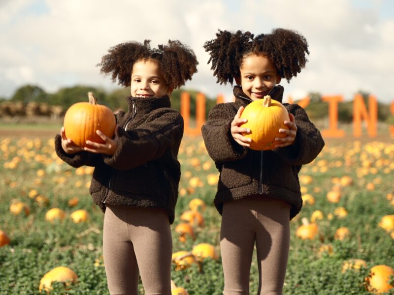 Six year old Arabella and Amóura enjoy the Pumpkin Patch at Willows Activity Farm.