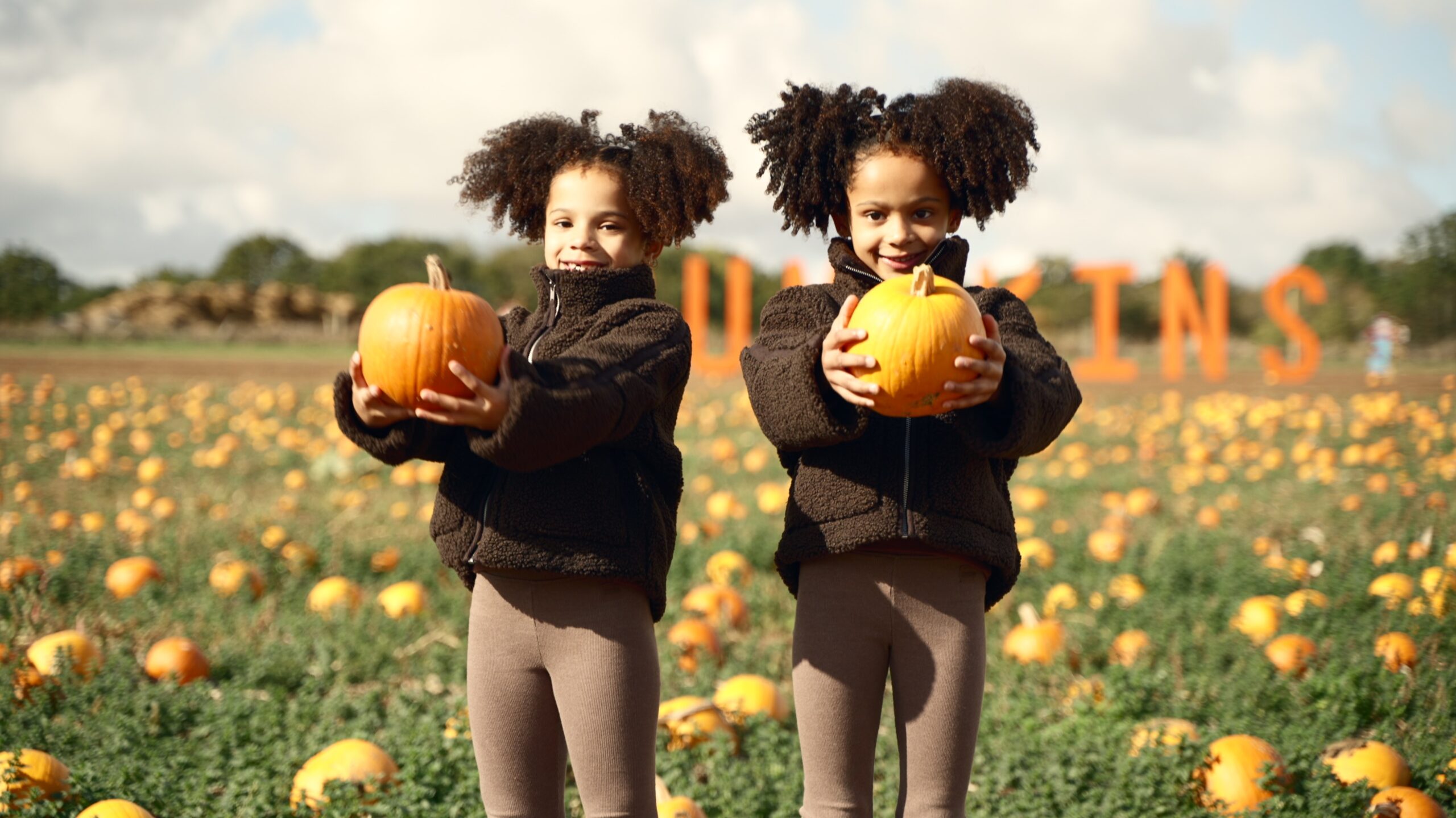 Six year old Arabella and Amóura enjoy the Pumpkin Patch at Willows Activity Farm.