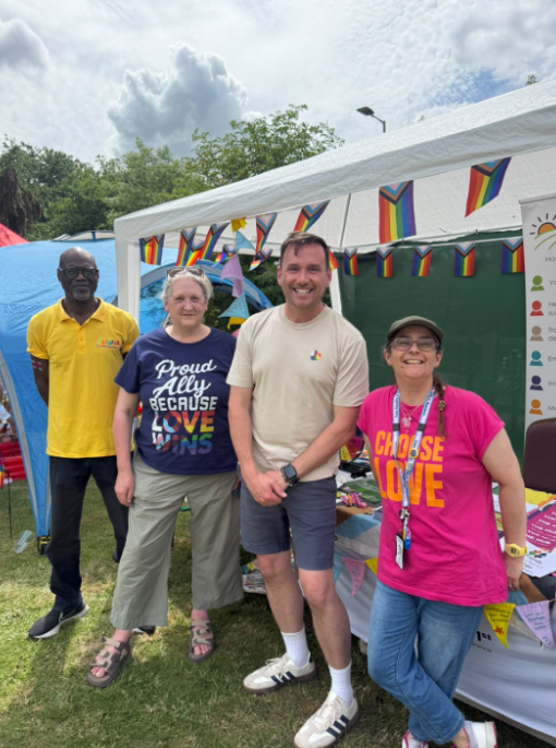 Cllrs Liz Needham and Sean Hughes with supporters at this summer’s London Colney Pride event.